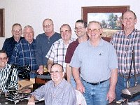 (Left to Right)  Ron Pigot, Willis Wood, Bill Pickett, Larry Brackett, Robert Dennis, Virgil Hart, Tony Young and Arnold Skiles. Herb Walace is the foreground. The class was arranged by Ester Wallace. A good time was had by all.